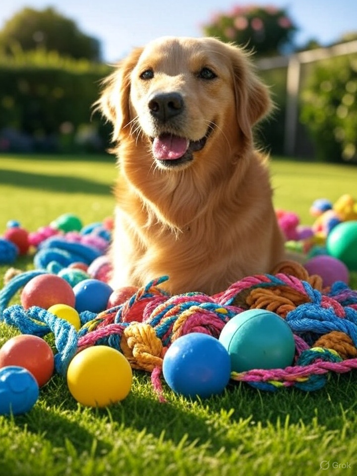 Happy dog with toys